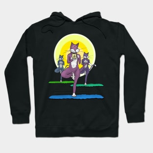 Yoga Cats and Coffee - Tree Pose - Third Eye Open - Funny Cartoon Hoodie